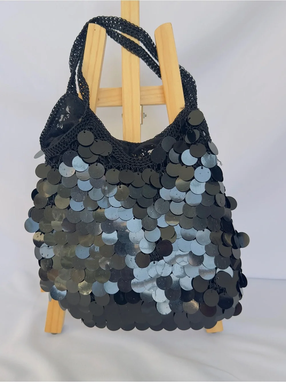 Boho Mini Handbag Large Black Paillette Sequin Discs Nylon Lining Evening Party
